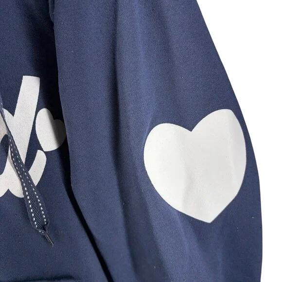 Blessed Navy Blue Hoodie With White Heart Elbow Patches & Kangaroo Pocket Polyes - Picture 4 of 8